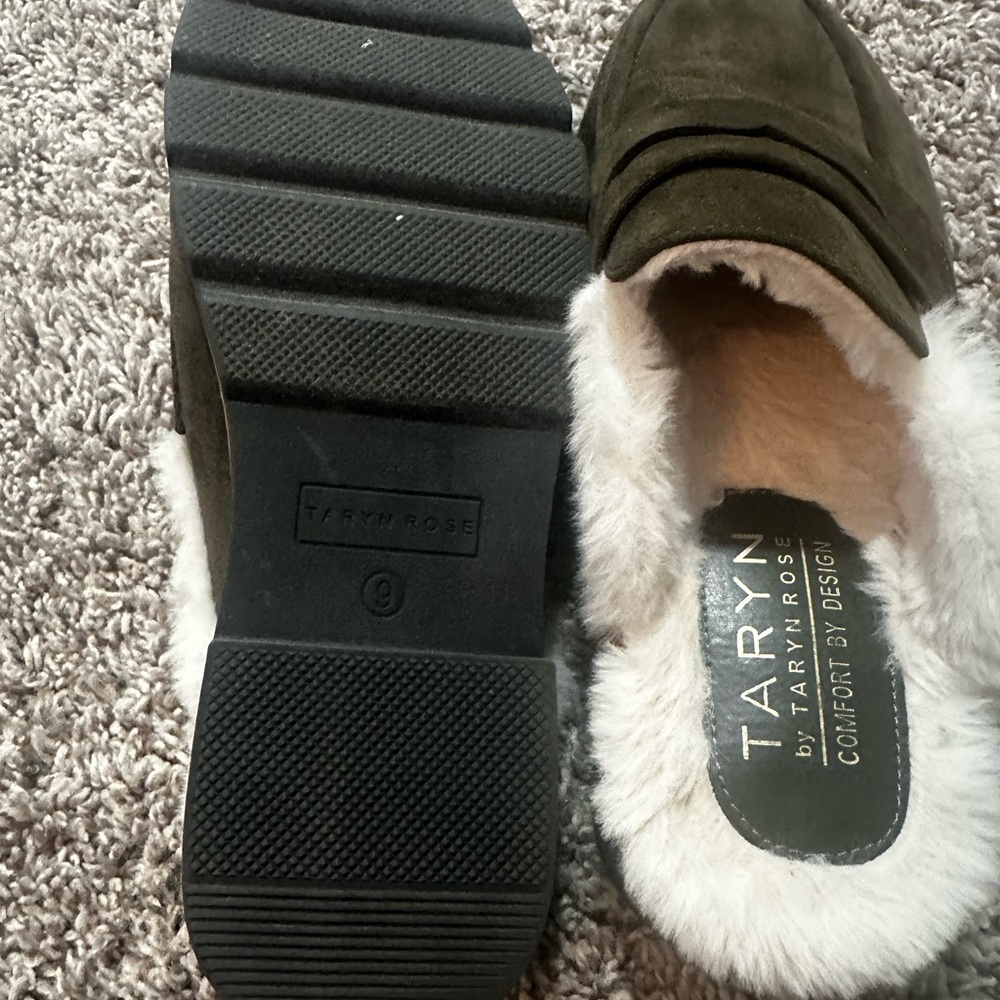 Taryn Rose Olive Green Suede Fur-Lined Loafers - Picture 3 of 4